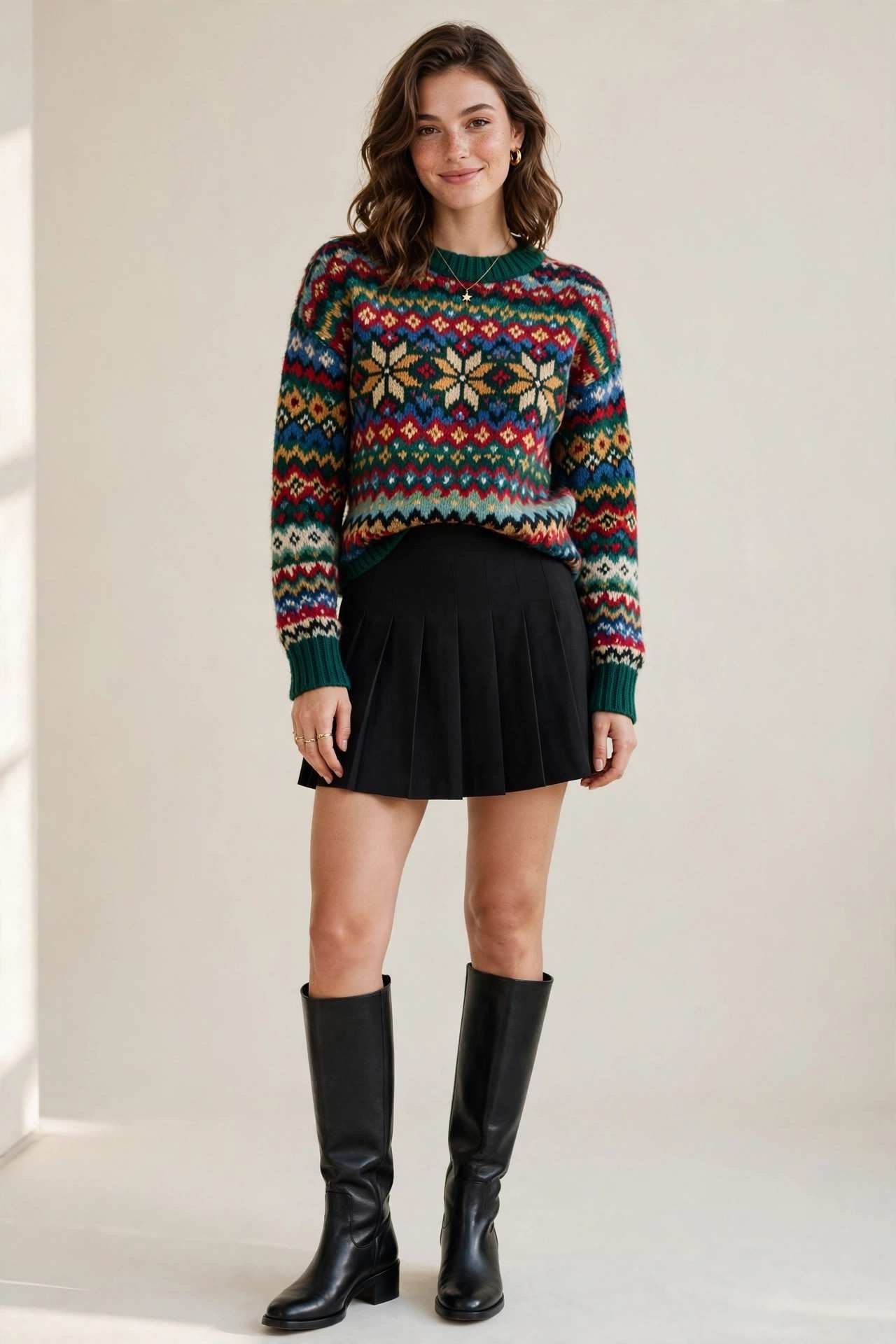 Festive knit with pleated skirt and knee high boots