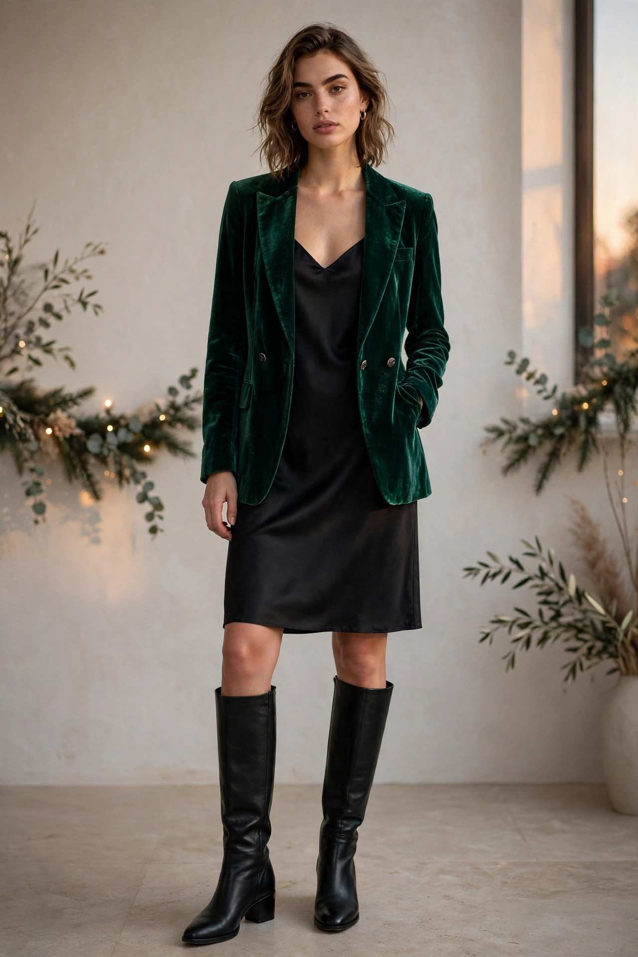 Velvet blazer with slip dress and knee high boots