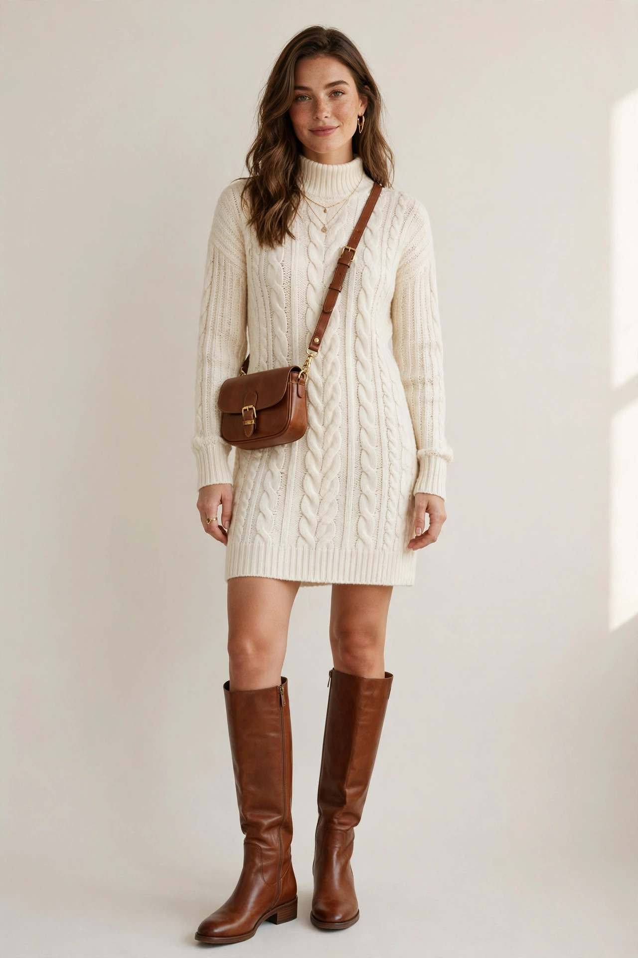 Brown leather knee high boots with cream knit dress