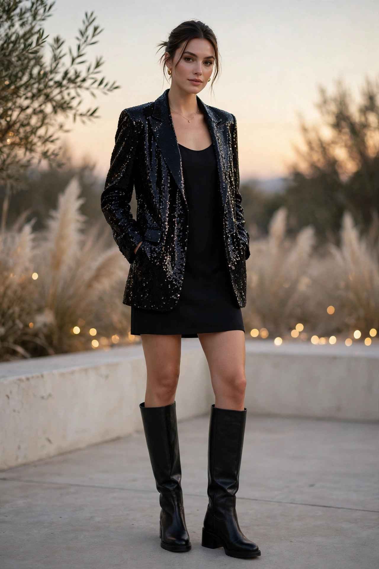 Sequin blazer with black dress and knee high boots