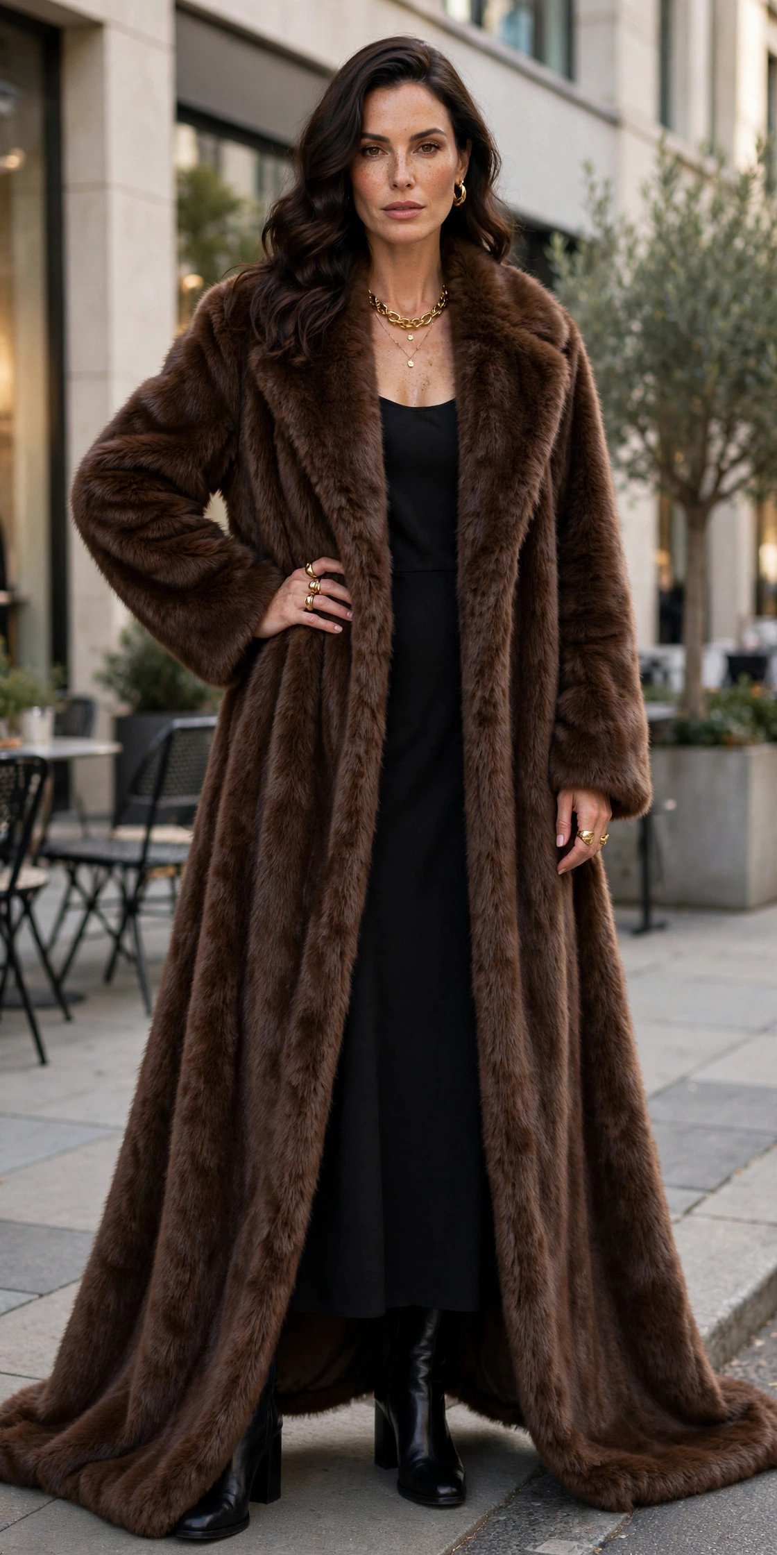 Woman in a faux fur coat with a black dress