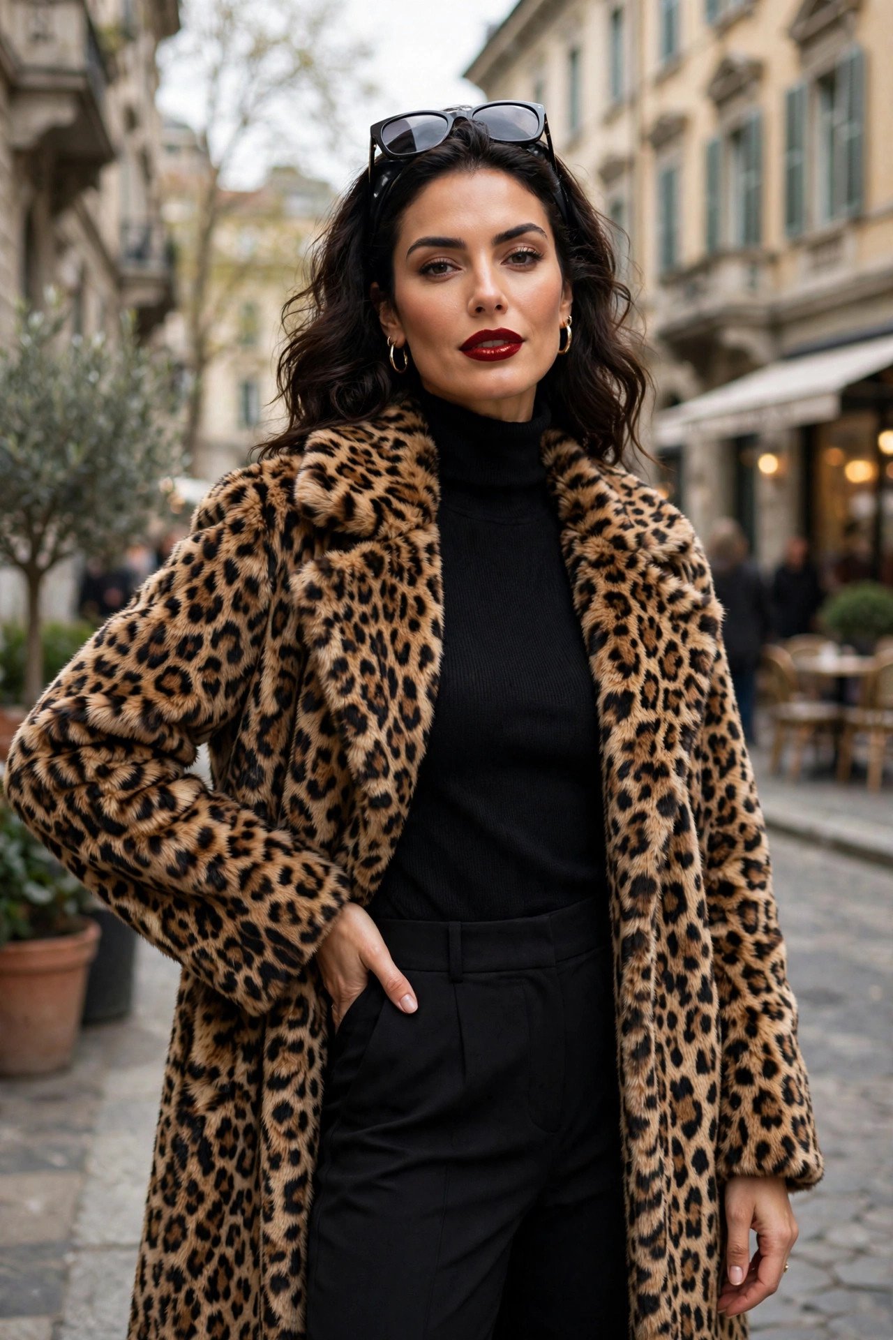 Woman in a leopard coat with red lips