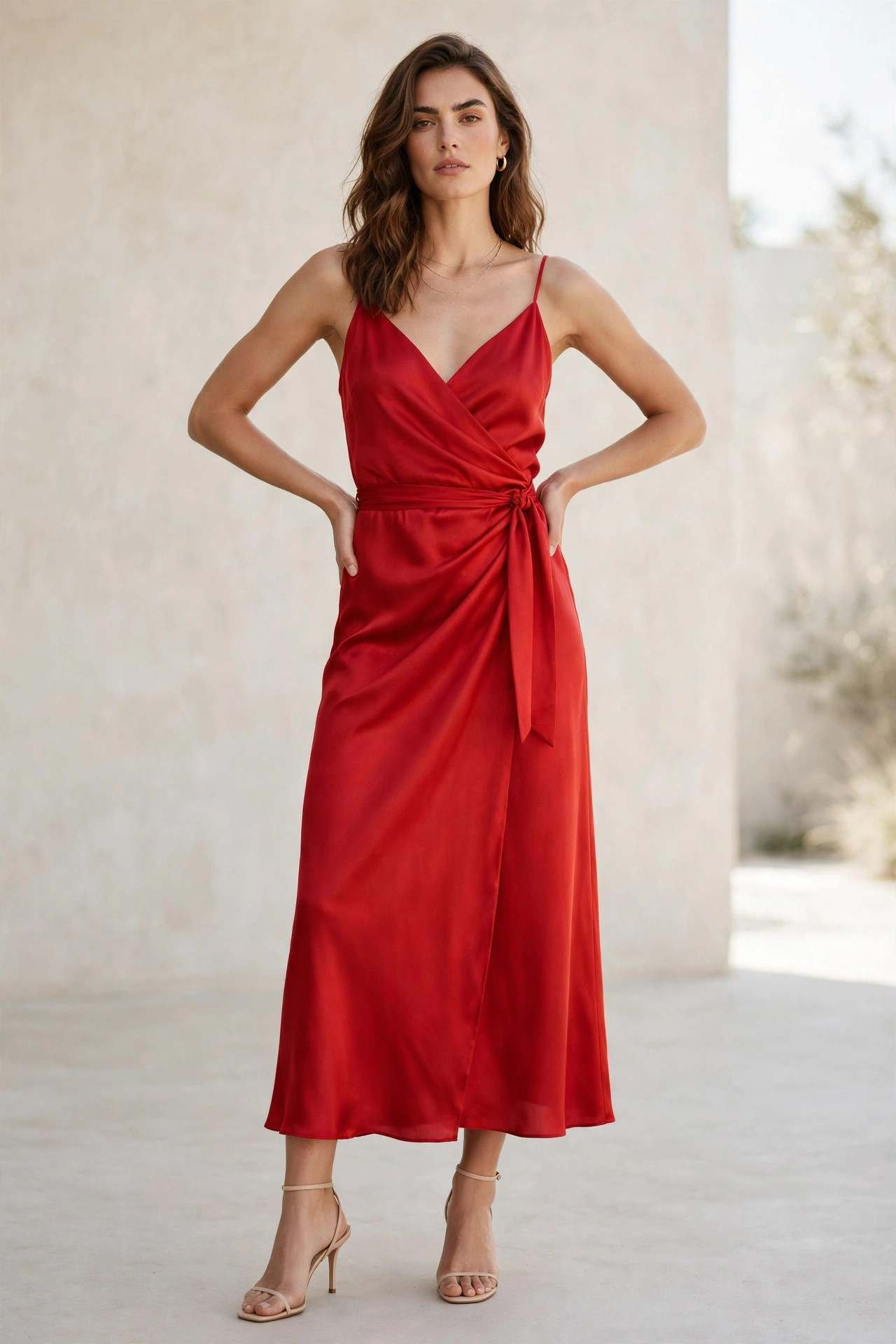 Woman wearing a bold red silk dress