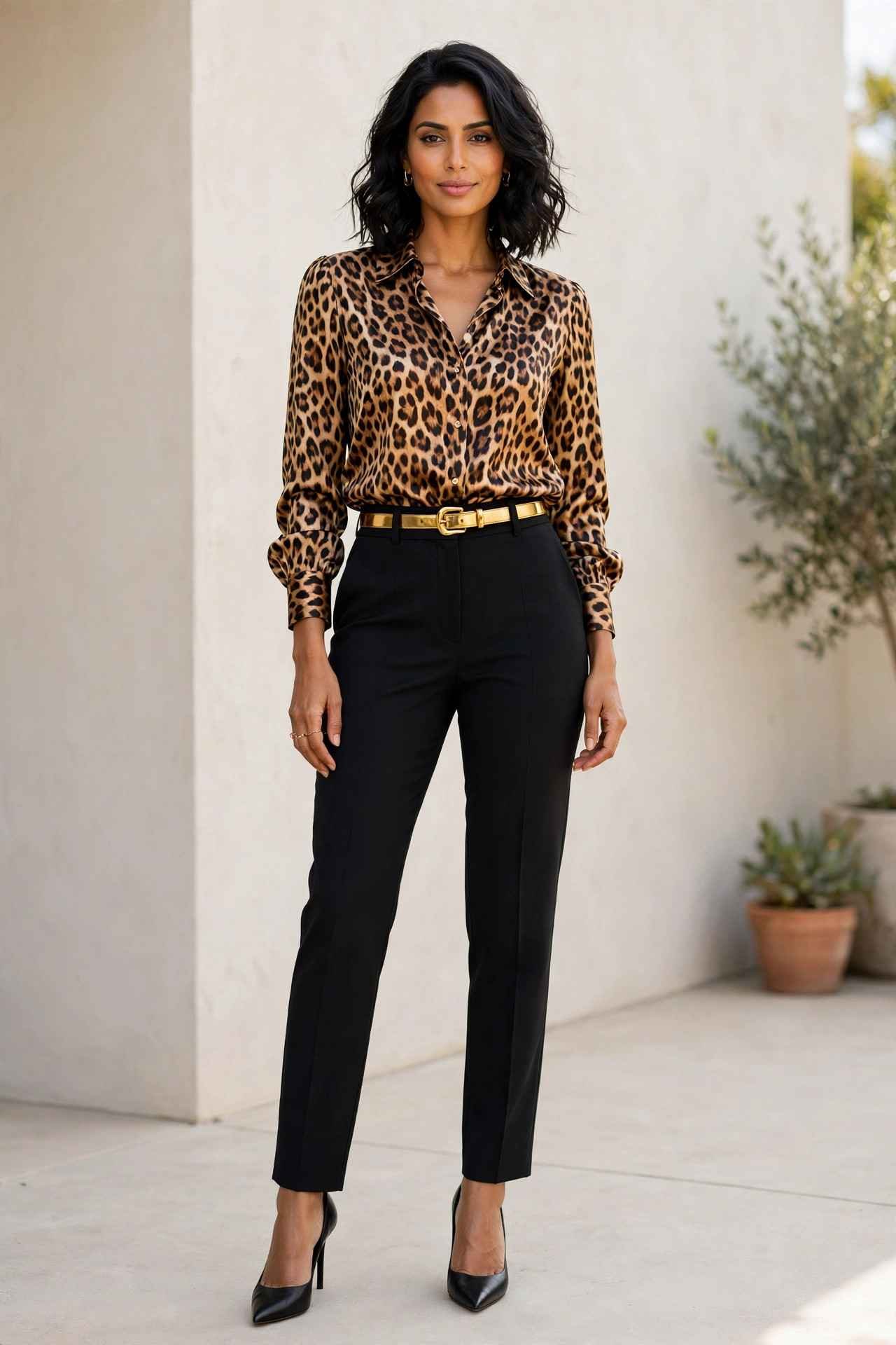 Woman in an animal print blouse with black pants