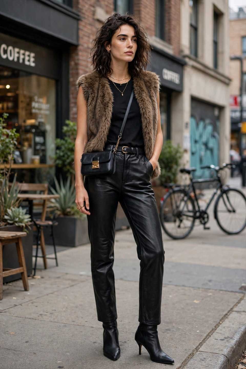 Woman in black leather pants with a fur vest