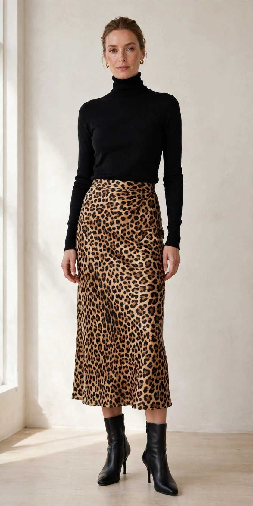 Woman in a leopard skirt with a black turtleneck