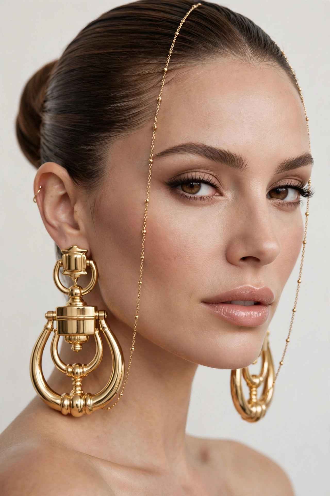 Woman with gold hoop earrings and sleek hair