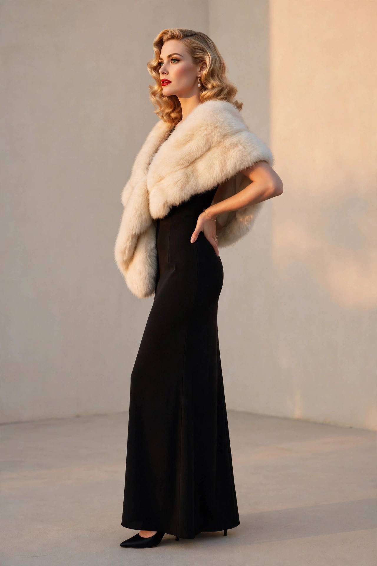 Woman in a black maxi dress with a fur stole