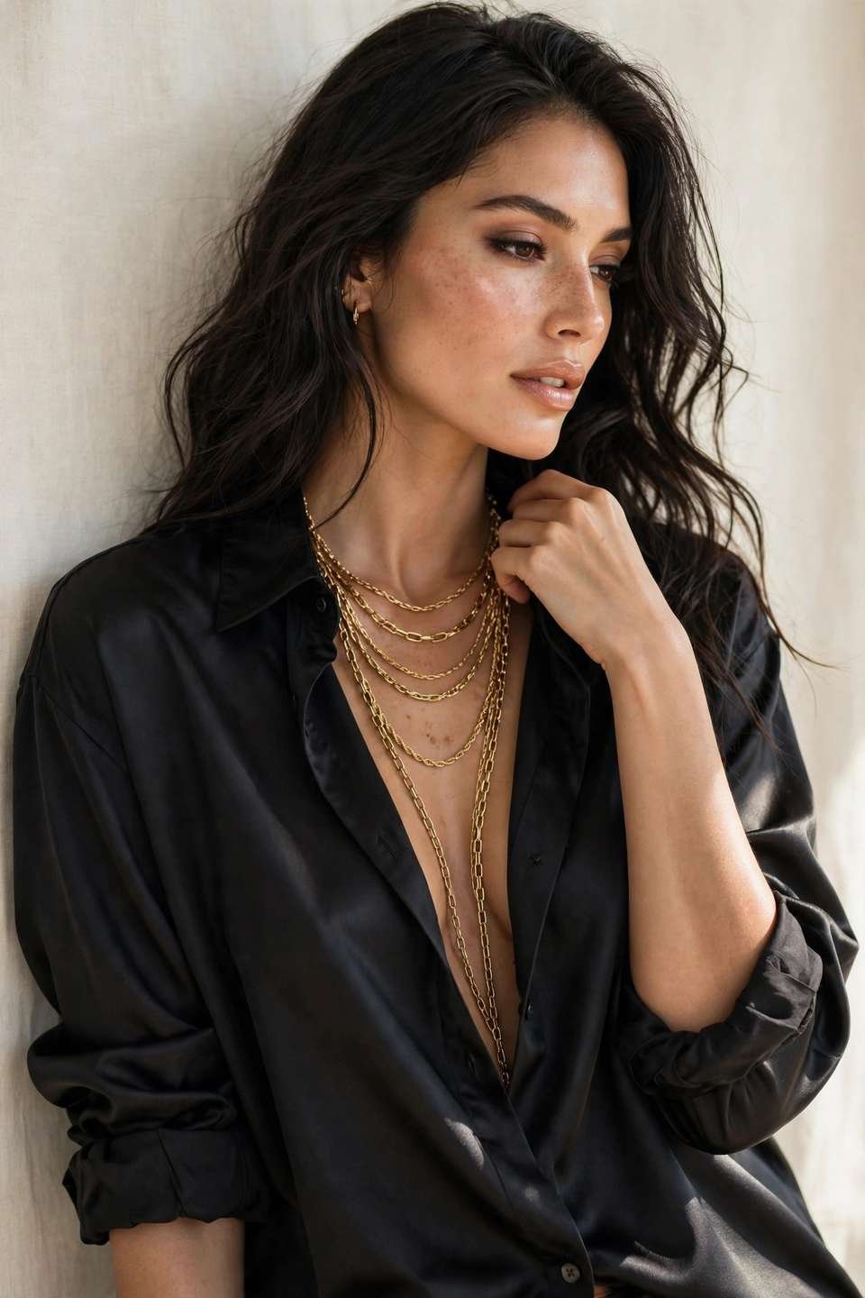 Woman in a black satin shirt with a gold necklace
