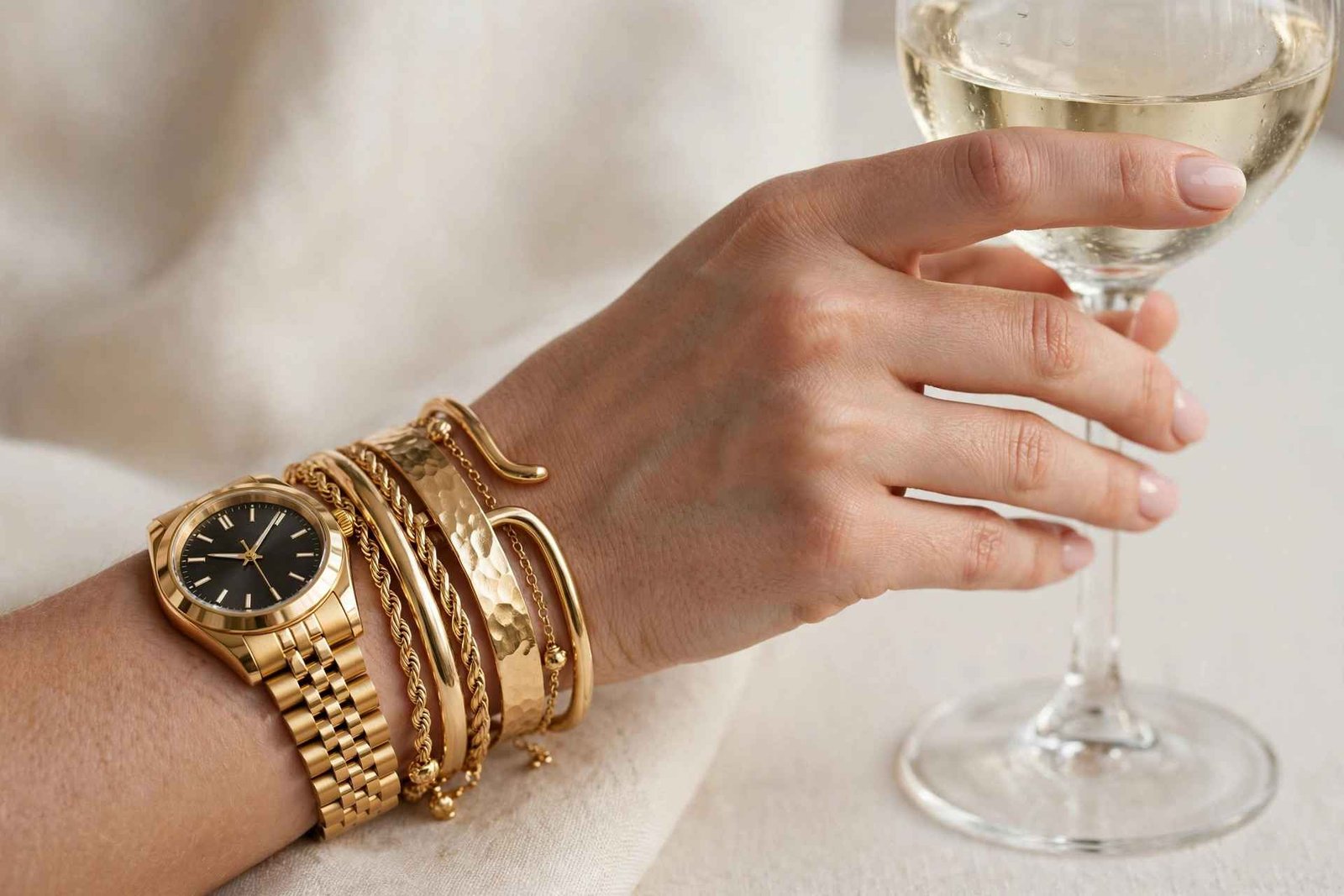 Woman wearing a gold jewelry bracelet stack