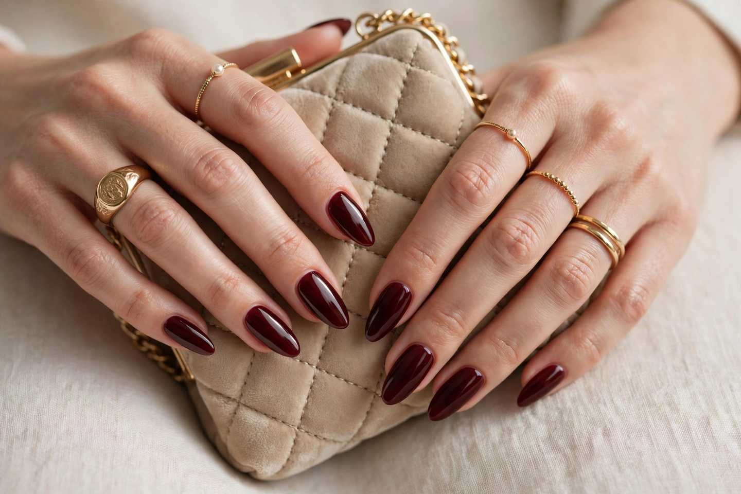 Woman with dark red manicured nails