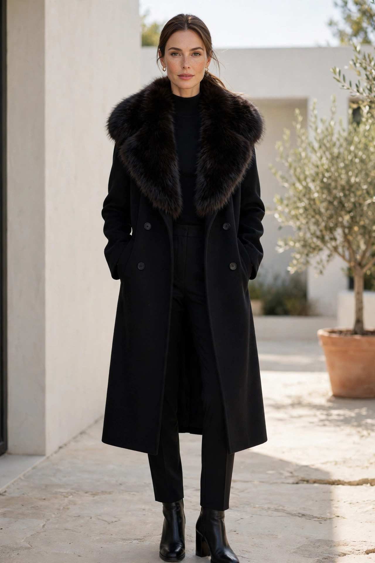 Woman wearing a fur trim coat