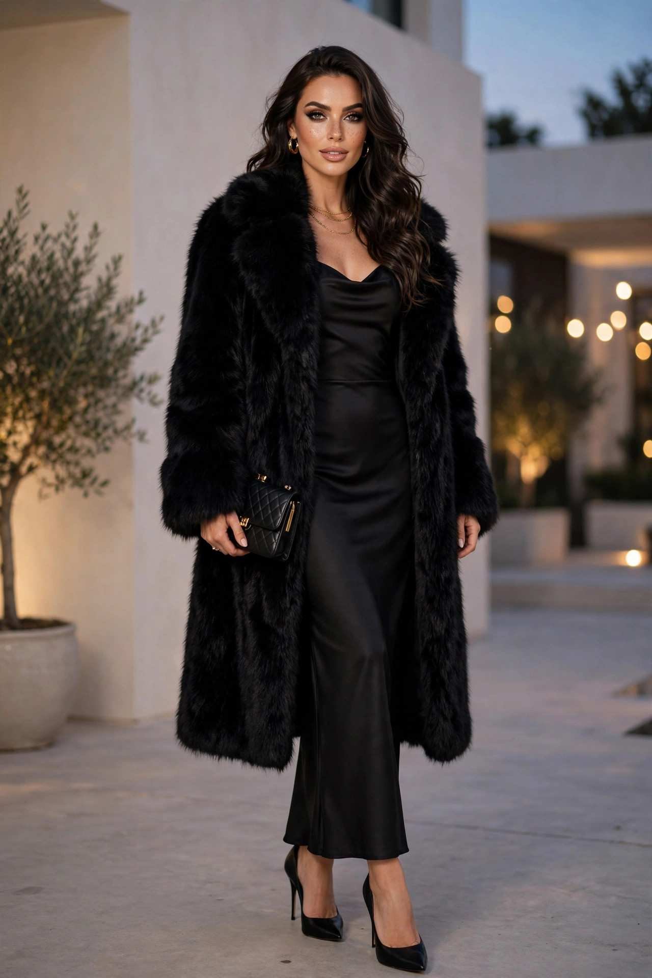 Woman in an all black fur coat night outfit