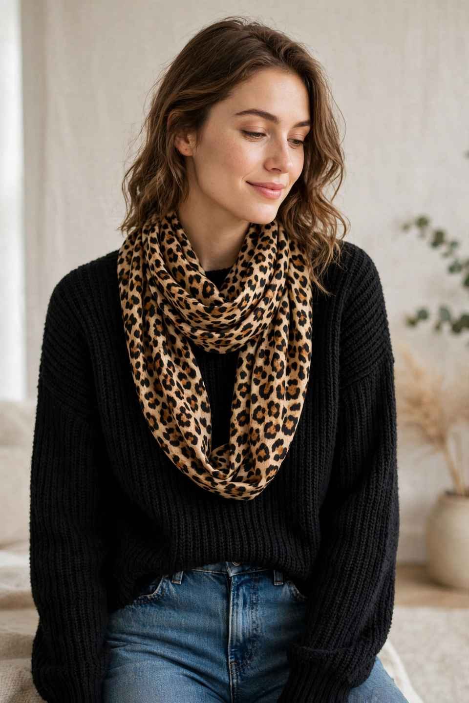 Woman with an animal print scarf and black sweater