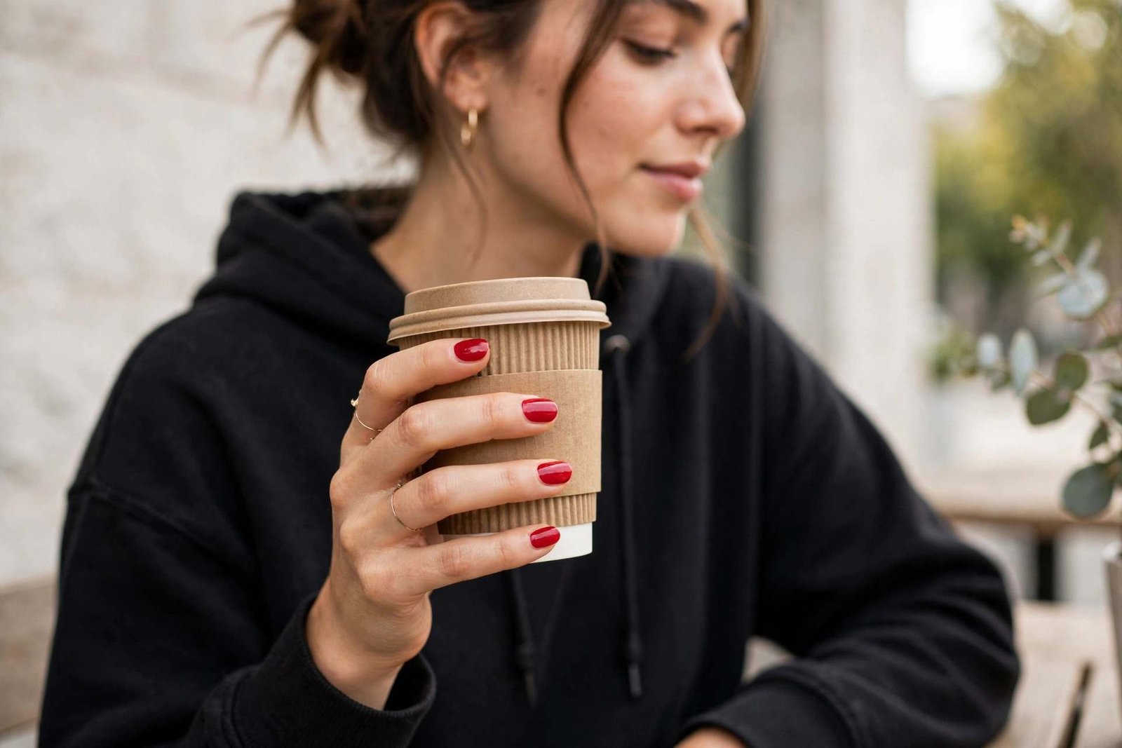 Woman with red nails in a casual outfit