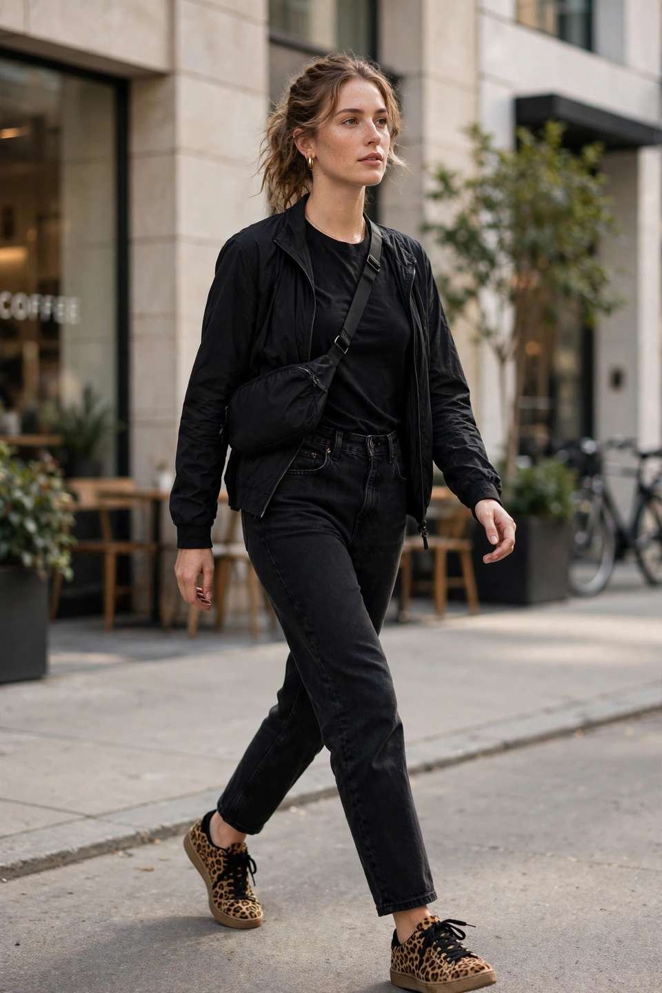 Woman in leopard sneakers with a black casual outfit