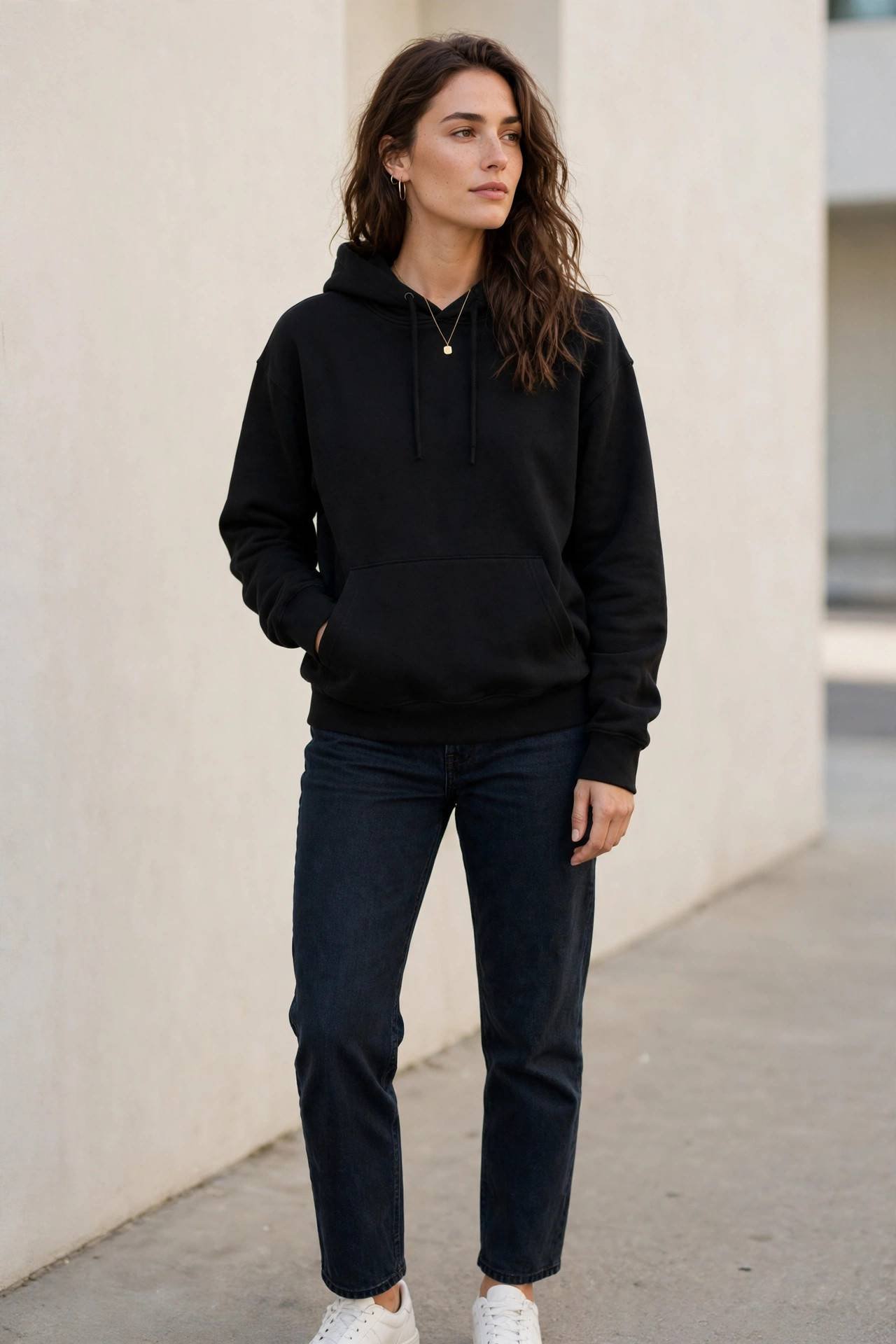 Woman in a black hoodie in casual street style