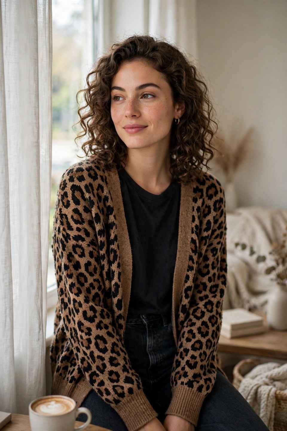 Woman in a leopard cardigan with a black top