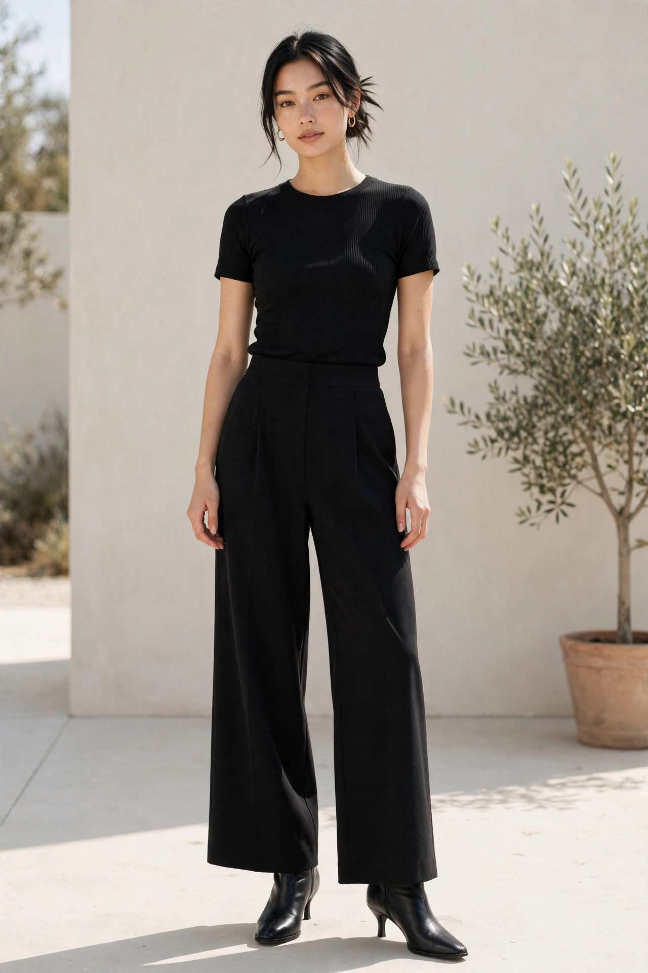 Woman in black wide leg pants with a fitted top