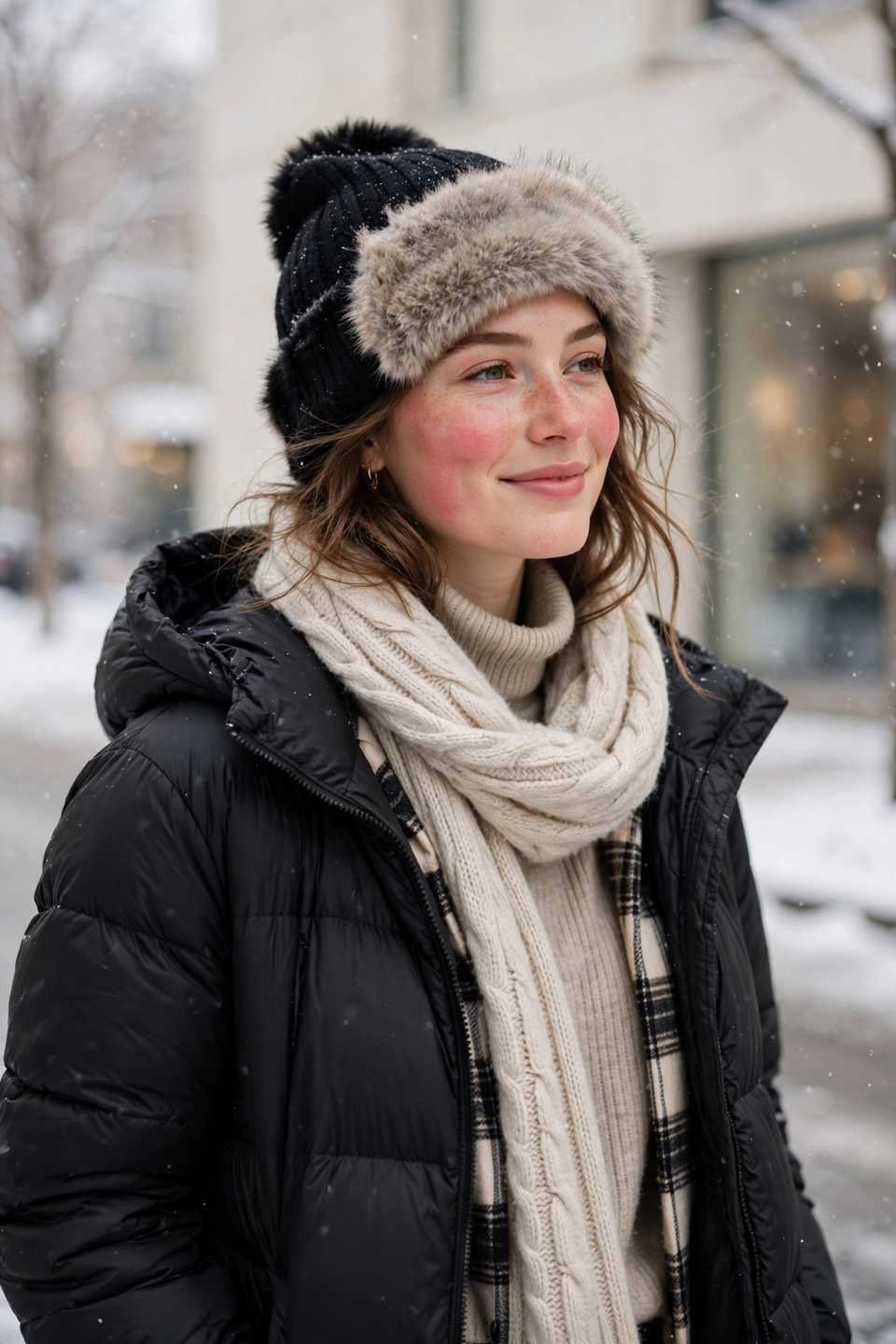 Woman in a fur beanie with a puffer jacket