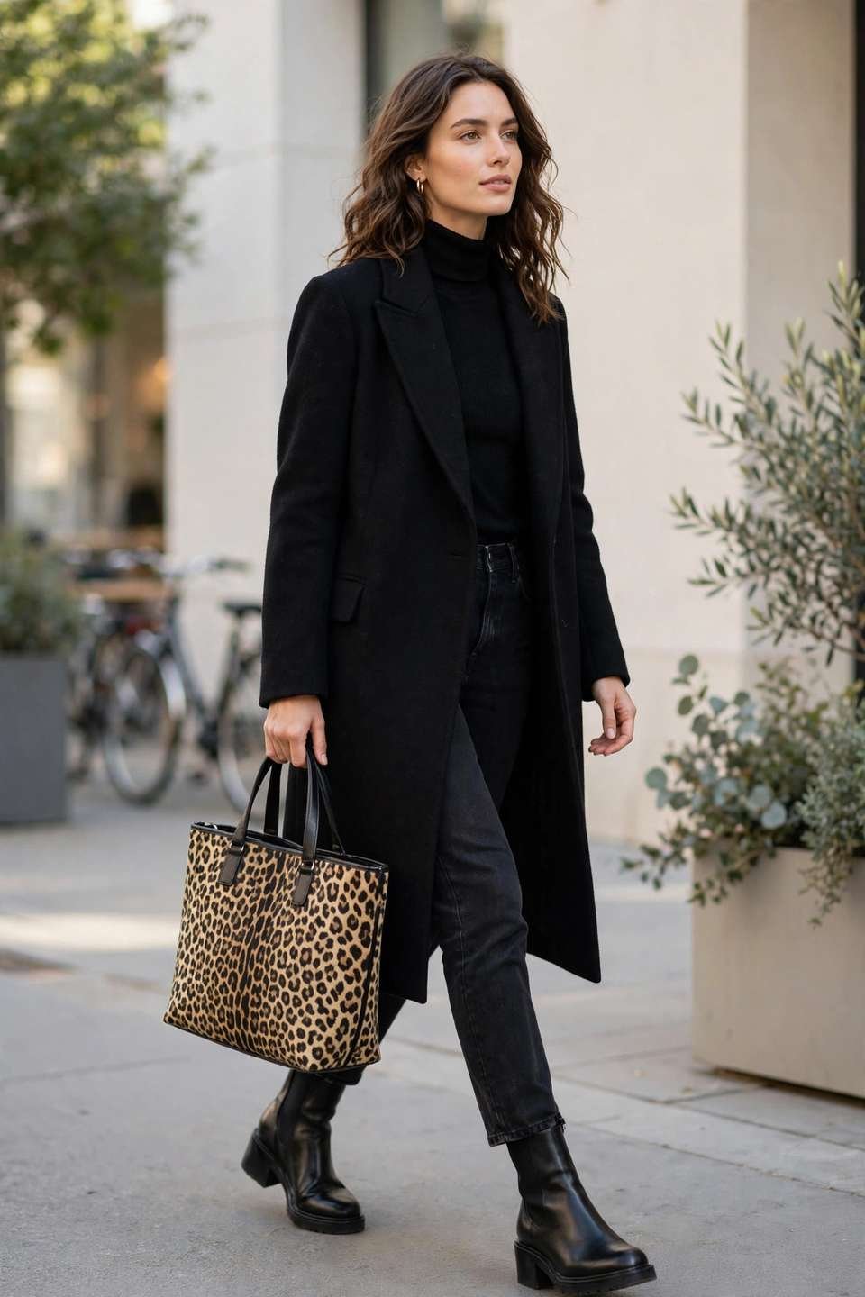 Woman with a leopard print bag and black coat