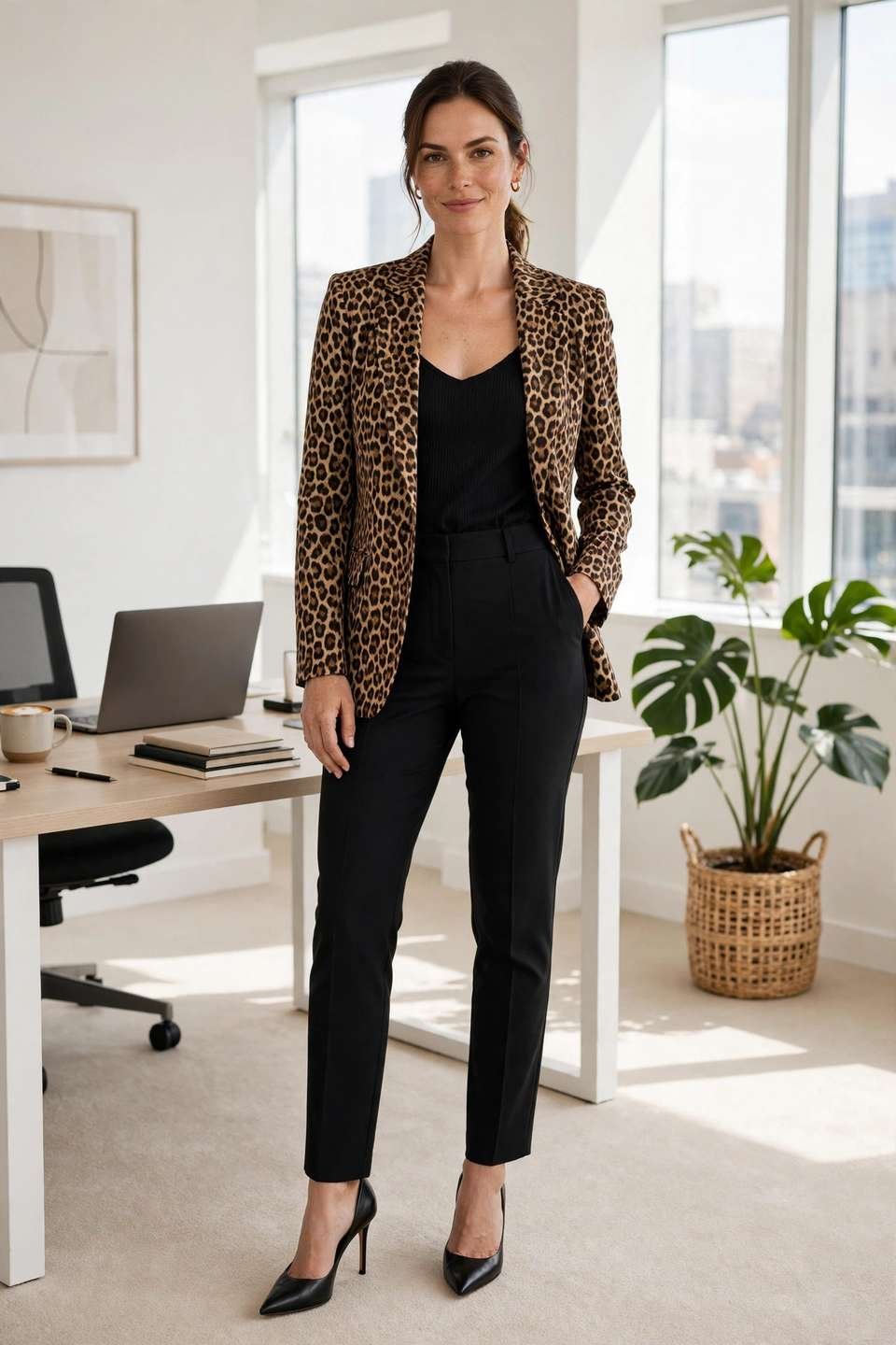 Woman in a leopard blazer with black pants for office