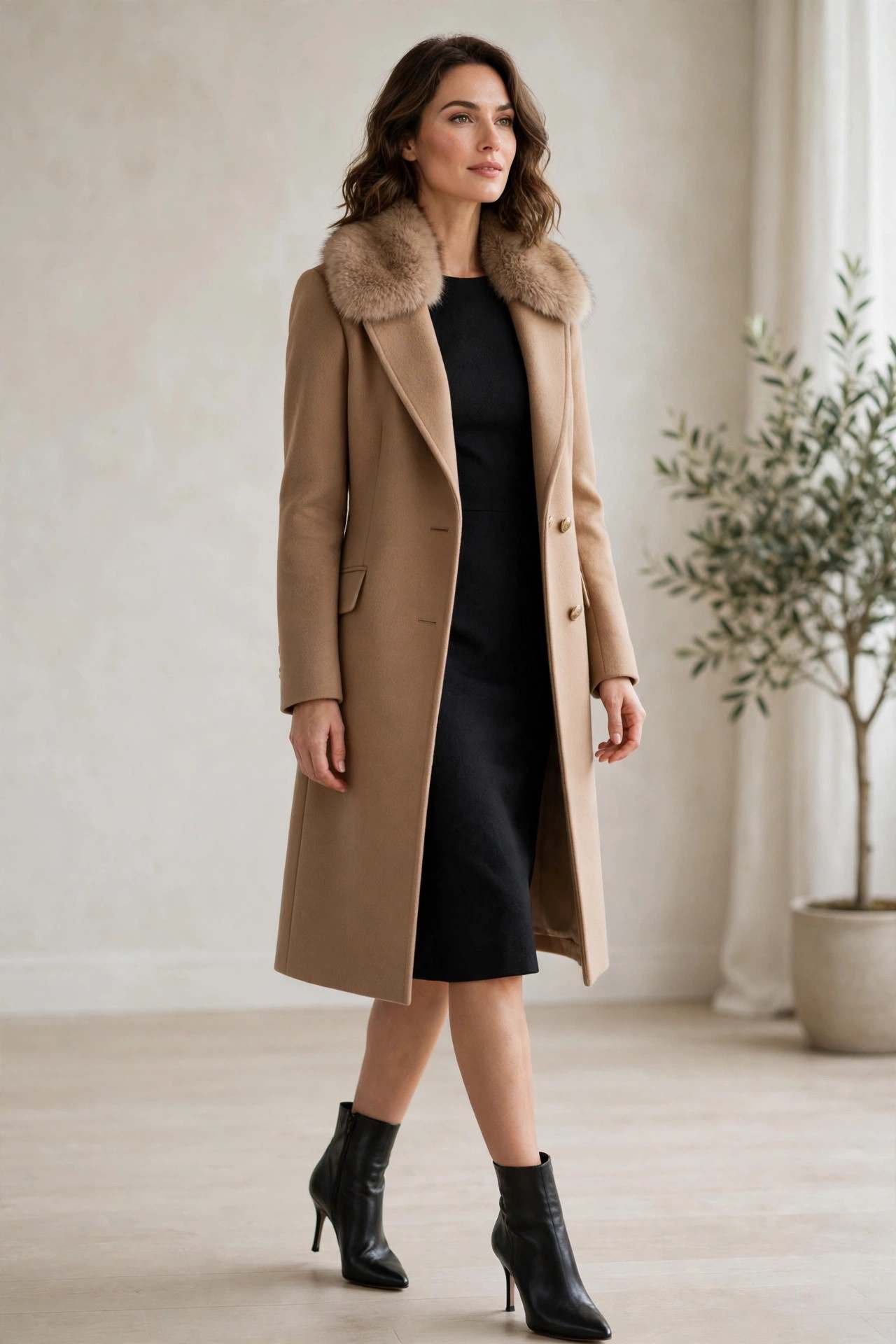 Woman in a fur collar coat with a dress