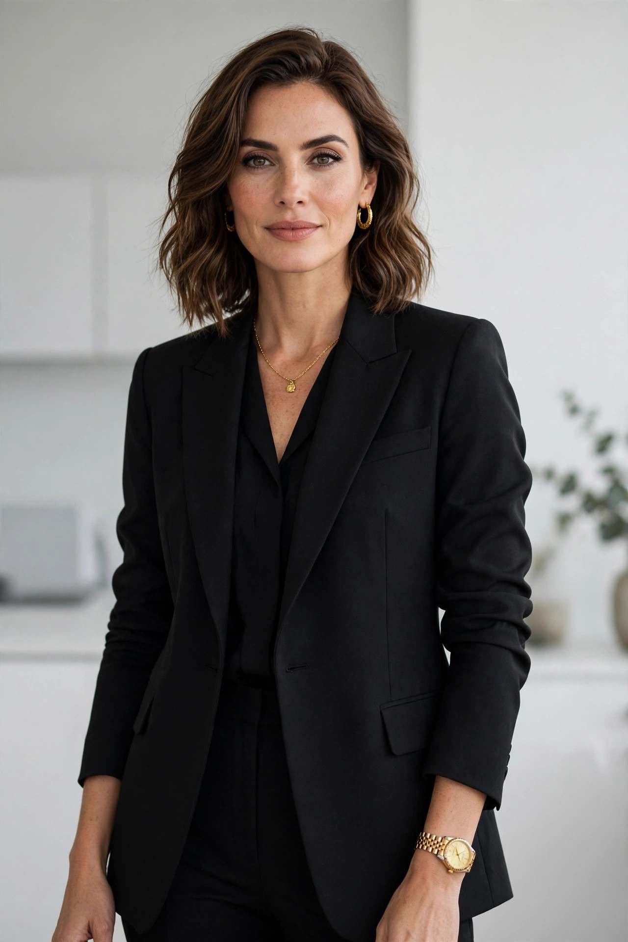 Woman in a black suit with gold jewelry professional