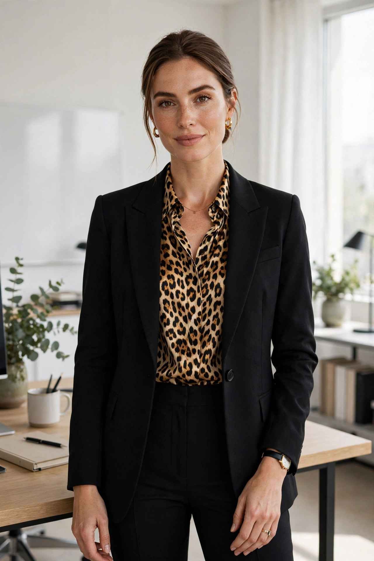 Woman in an animal print blouse with a blazer