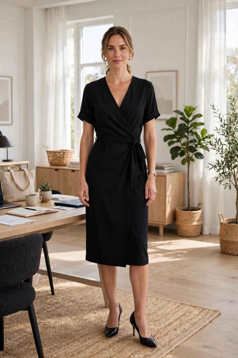 Woman in a black wrap dress for office