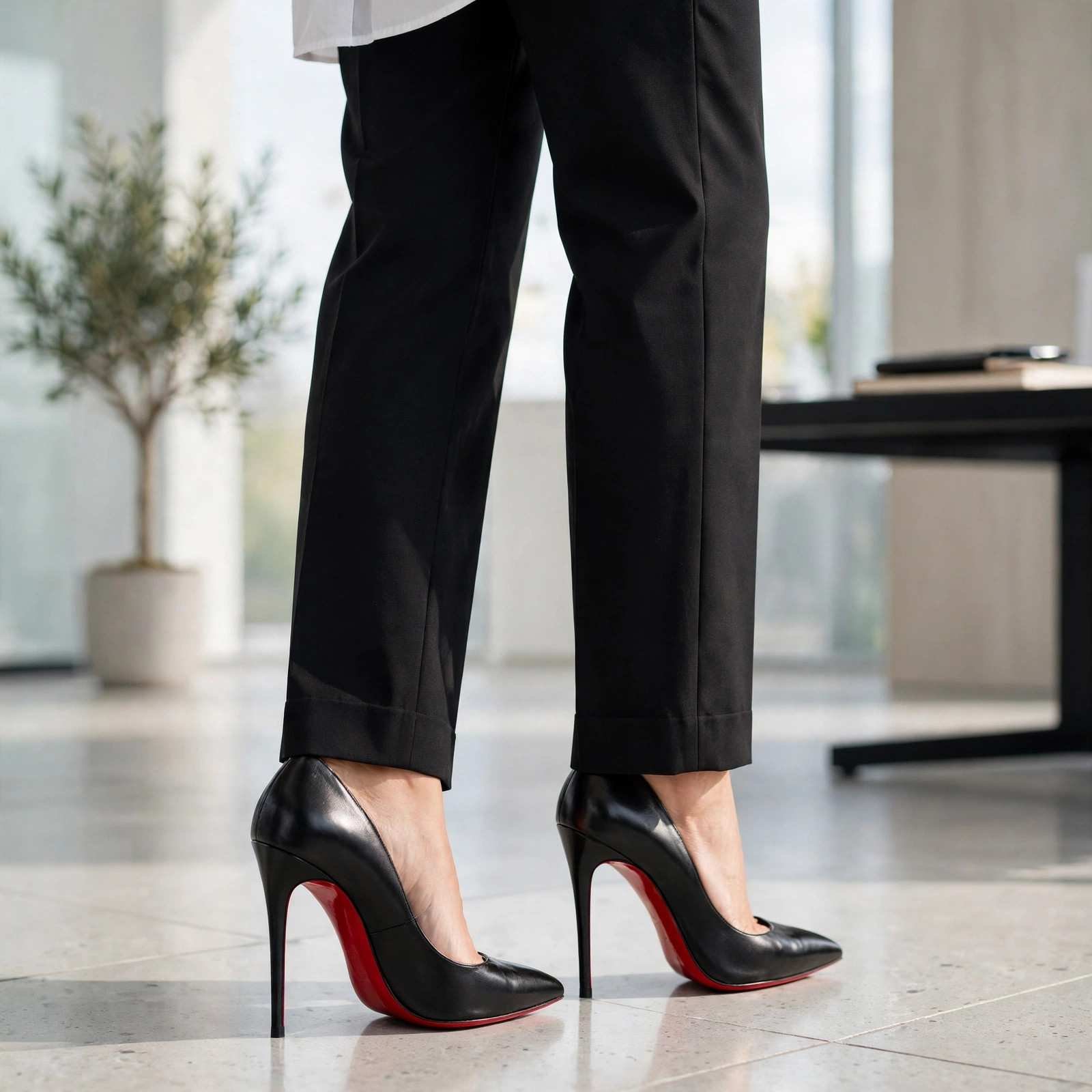 Woman in red heels with tailored trousers