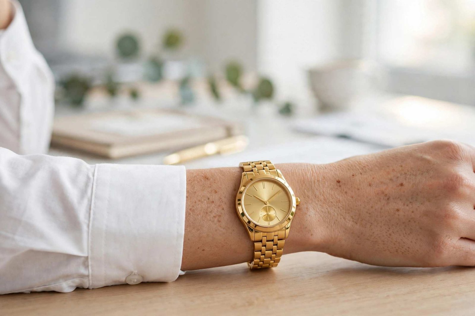 Woman in a white shirt with a gold watch for office