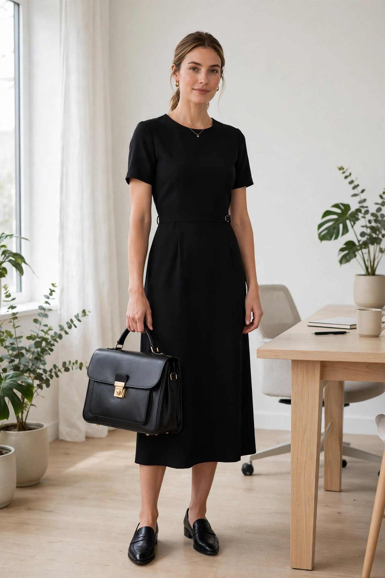 Woman in a black midi dress with a work bag