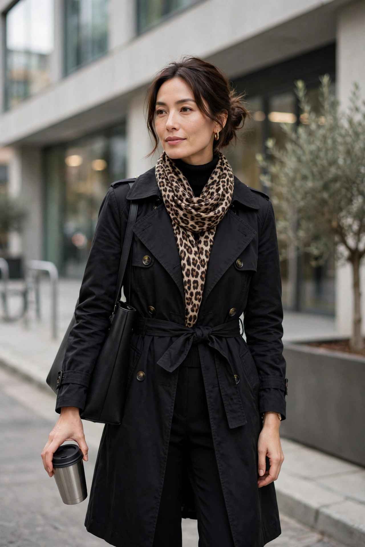 Woman in a black trench with a leopard scarf