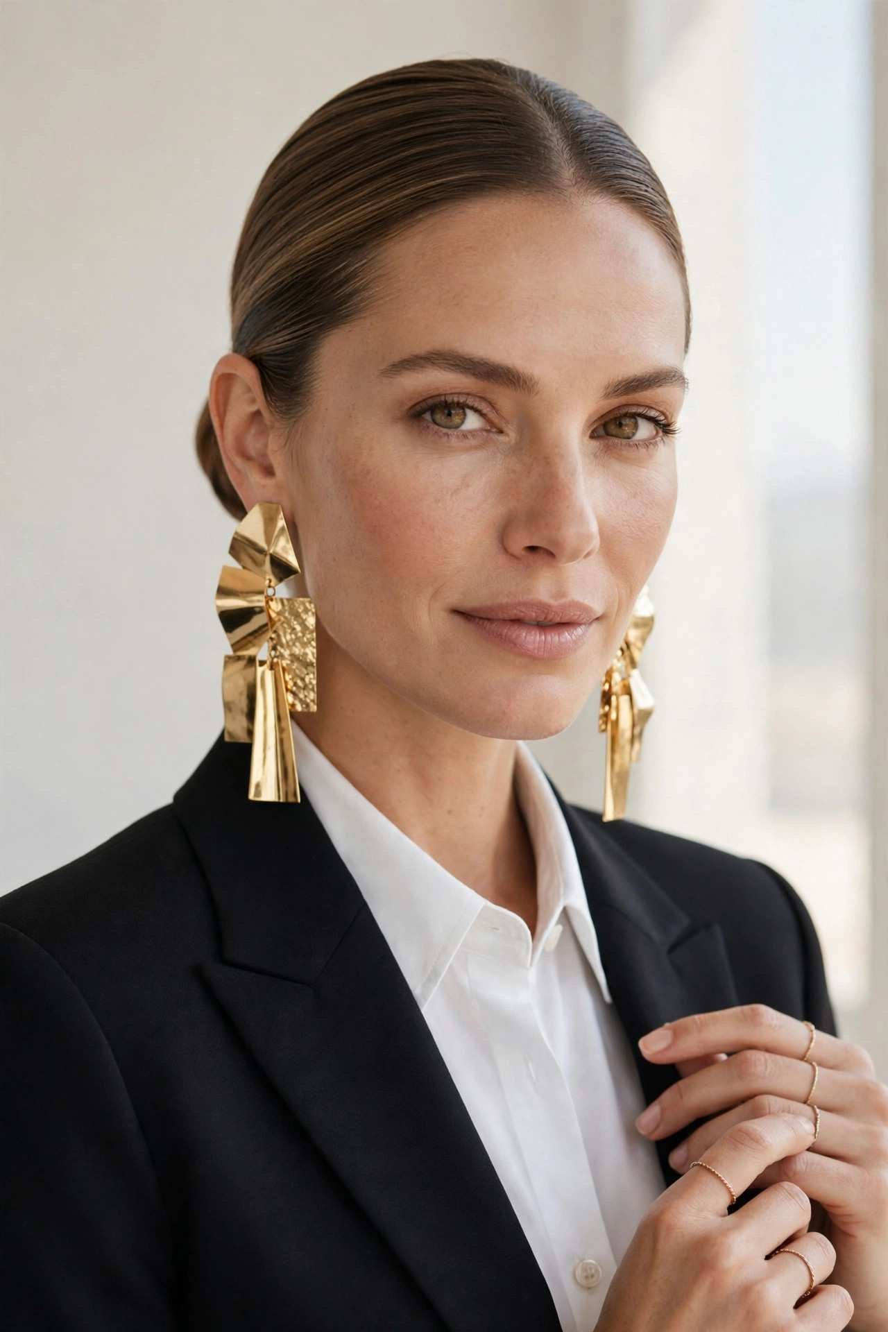 Woman in a blazer with statement earrings professional