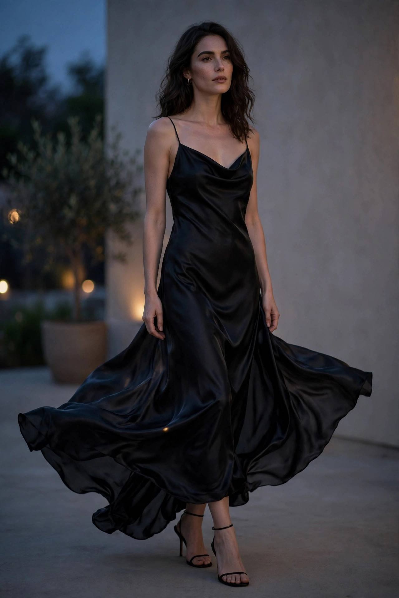Woman in a black satin slip dress in the evening