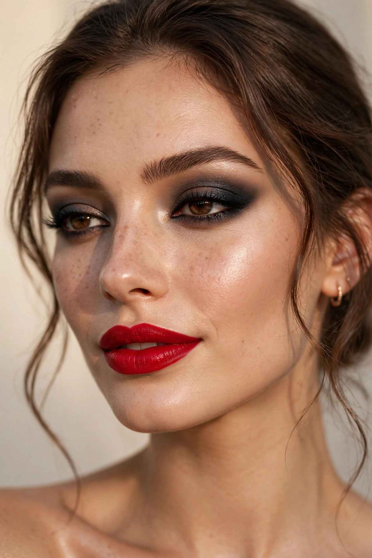 Woman with smokey eye and red lips makeup