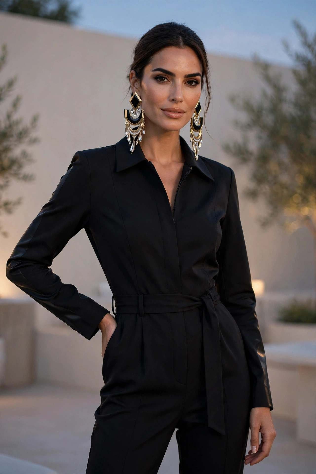 Woman in a black jumpsuit for evening