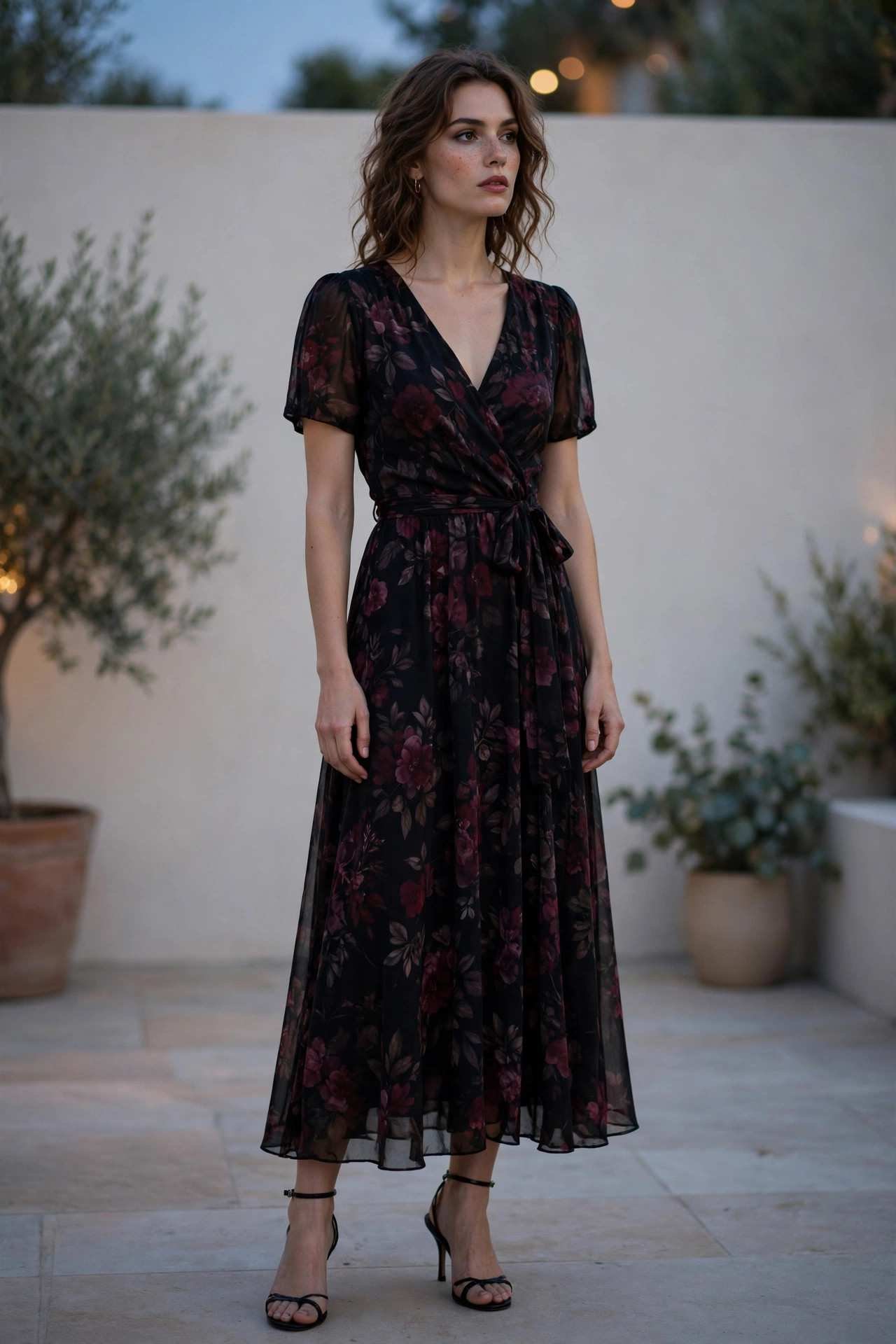 Woman in a dark floral dress with heels in the evening