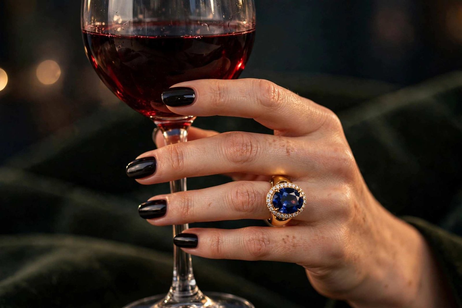 Woman with red manicure and gold rings