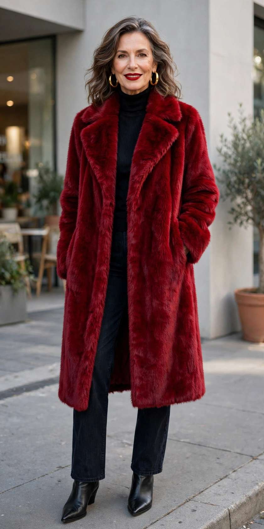 Woman in red and black fur hooded coat, winter portrait