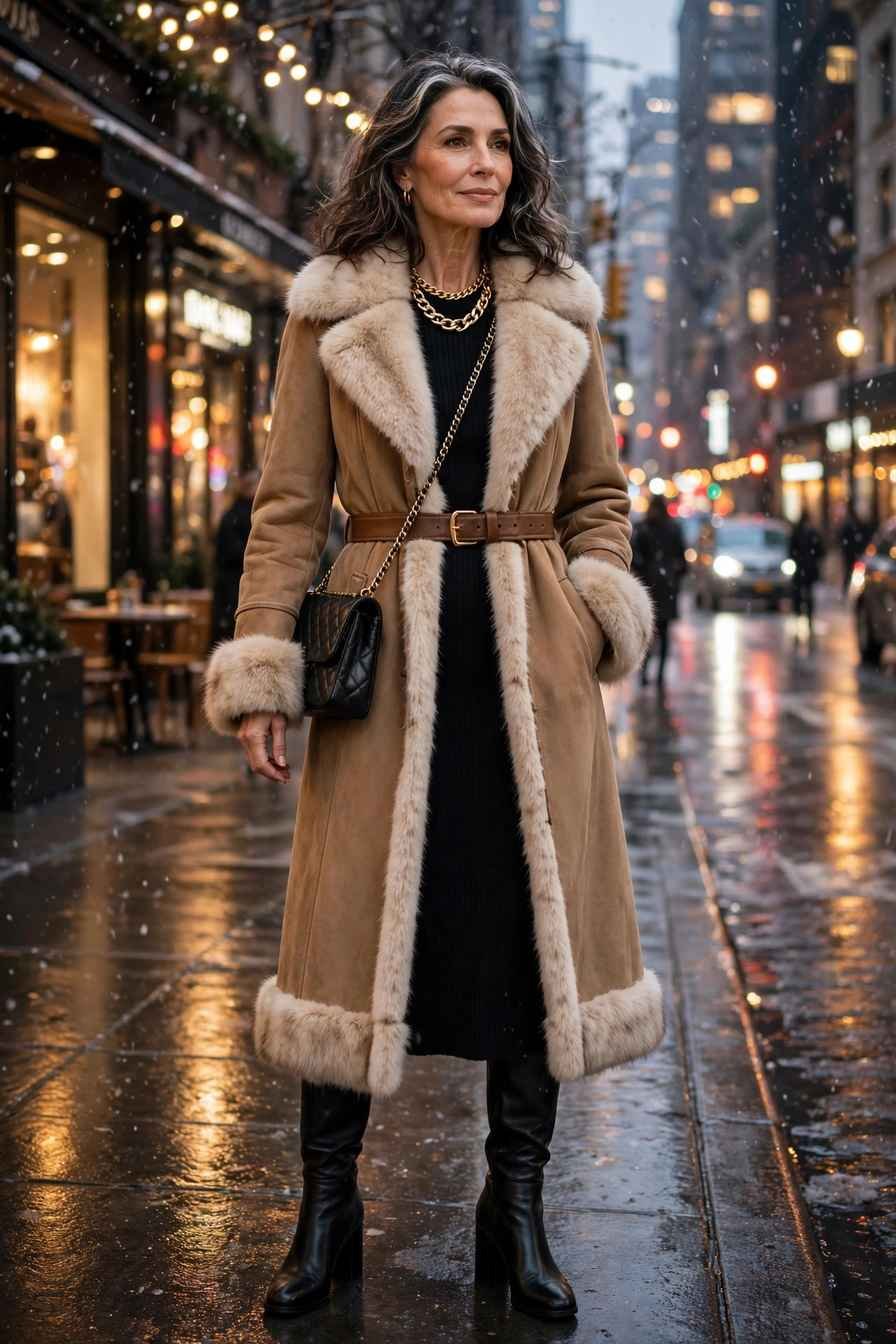 Woman in fur-lined coat smiling on snowy day by lighthouse