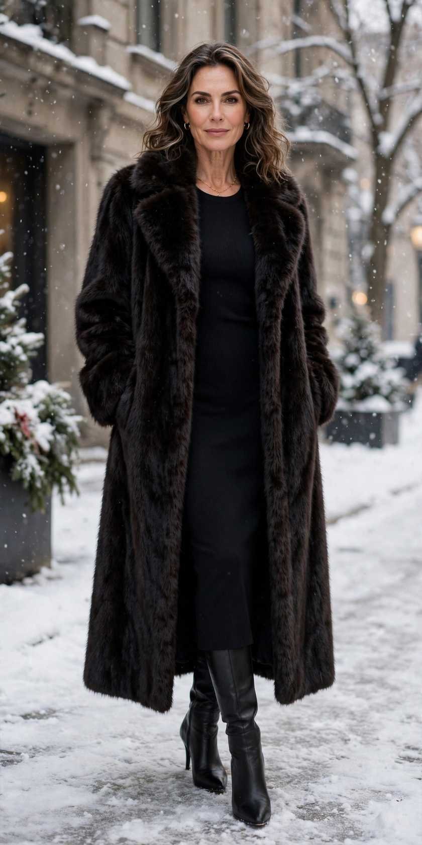 Smiling woman in fur coat in snowy forest
