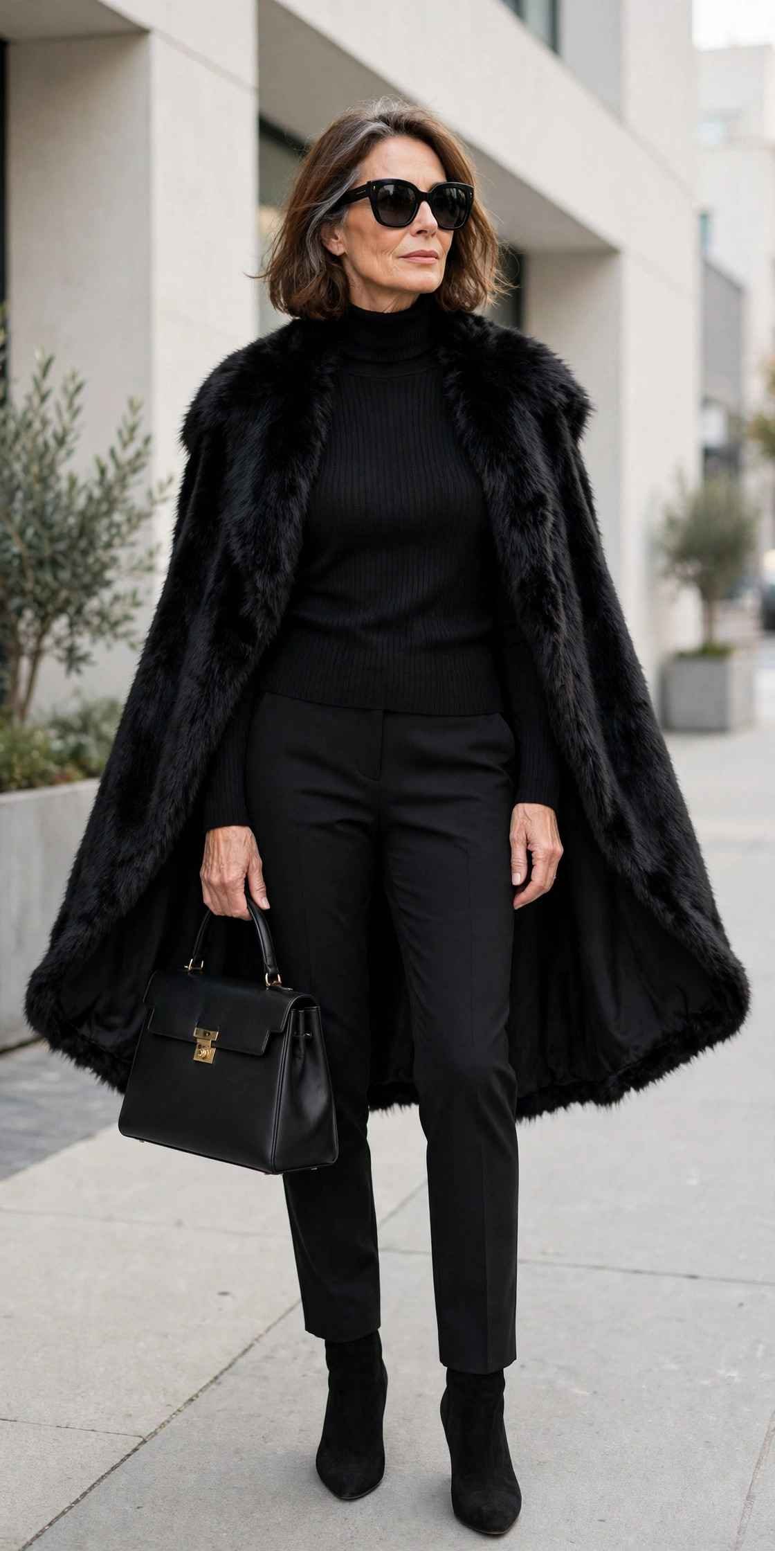 Stylish woman in faux fur coat standing in snow