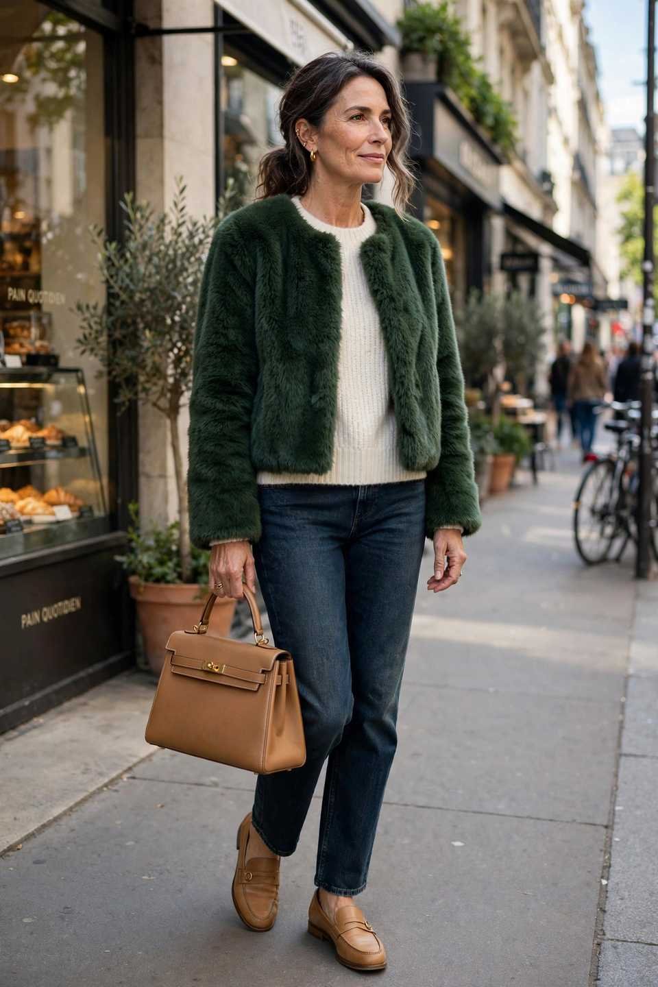 Woman in green faux fur jacket with handbag, street style