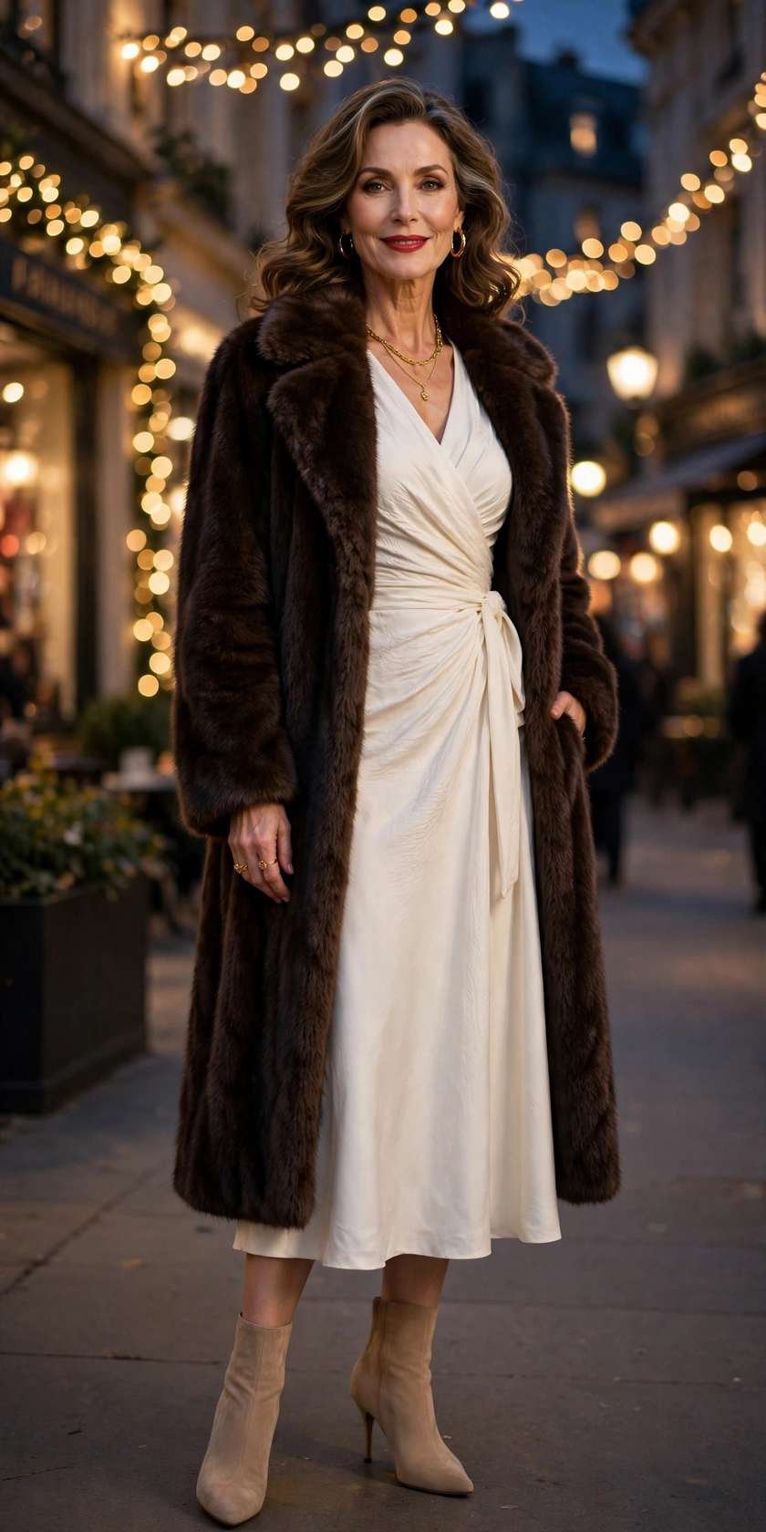Woman in white dress with fur coat in winter forest