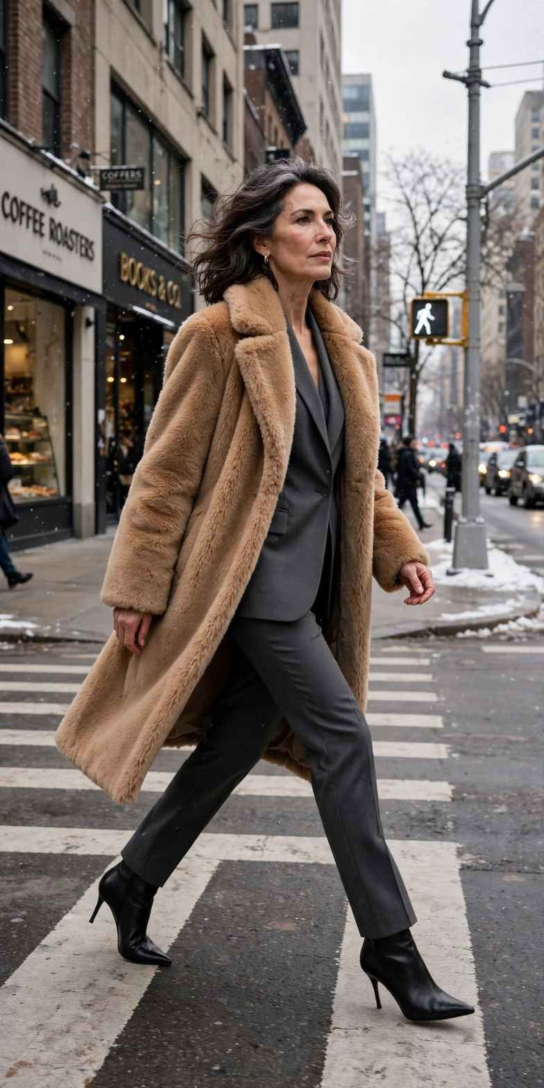 Stylish woman in fur coat on city street, winter fashion