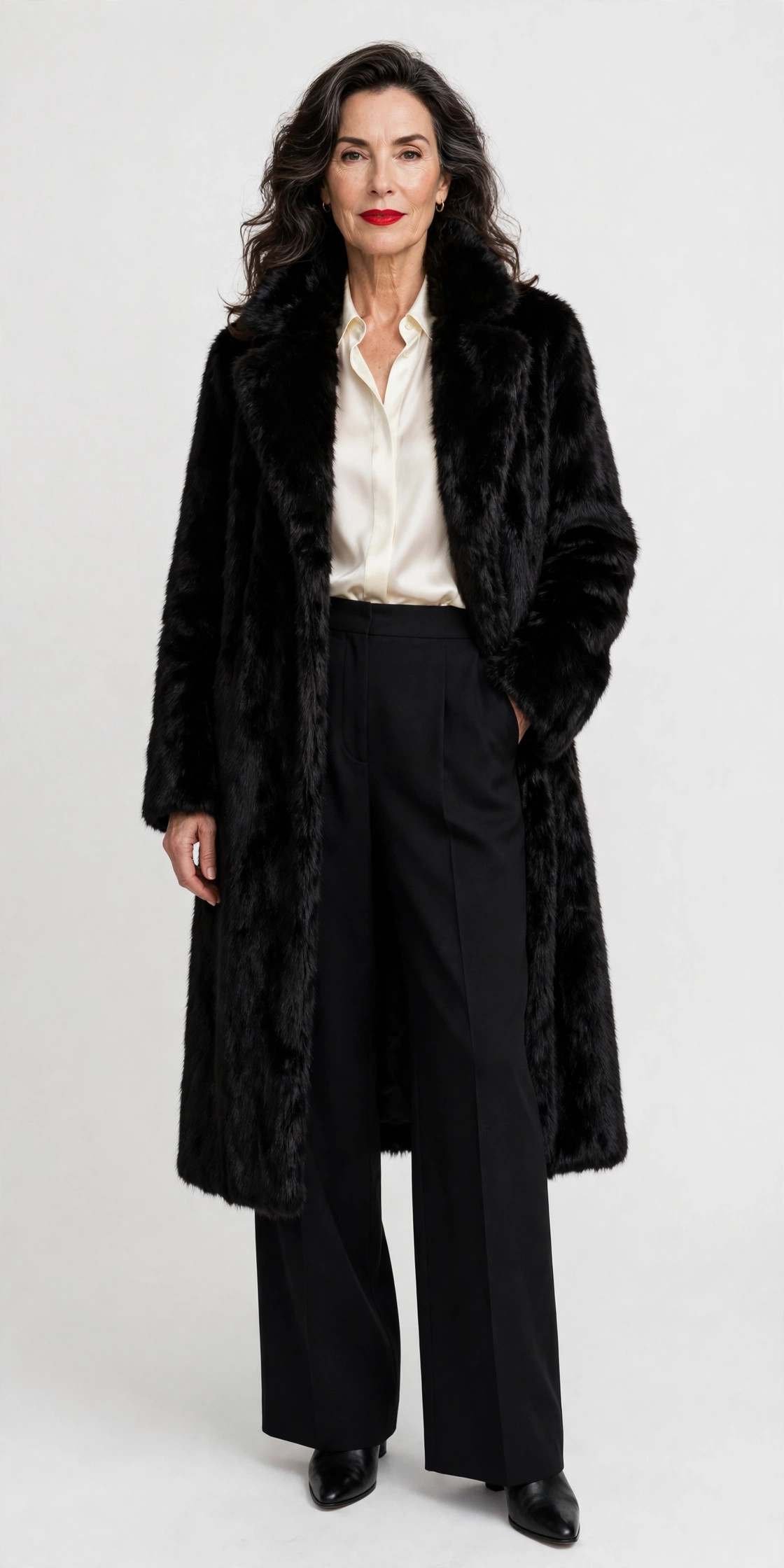 Black and white portrait of woman in fur coat in snow