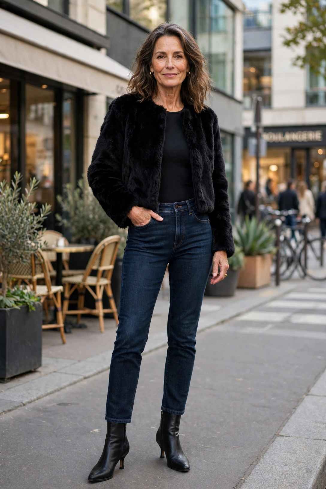 Woman wearing cropped faux fur jacket, mob wife style outfit