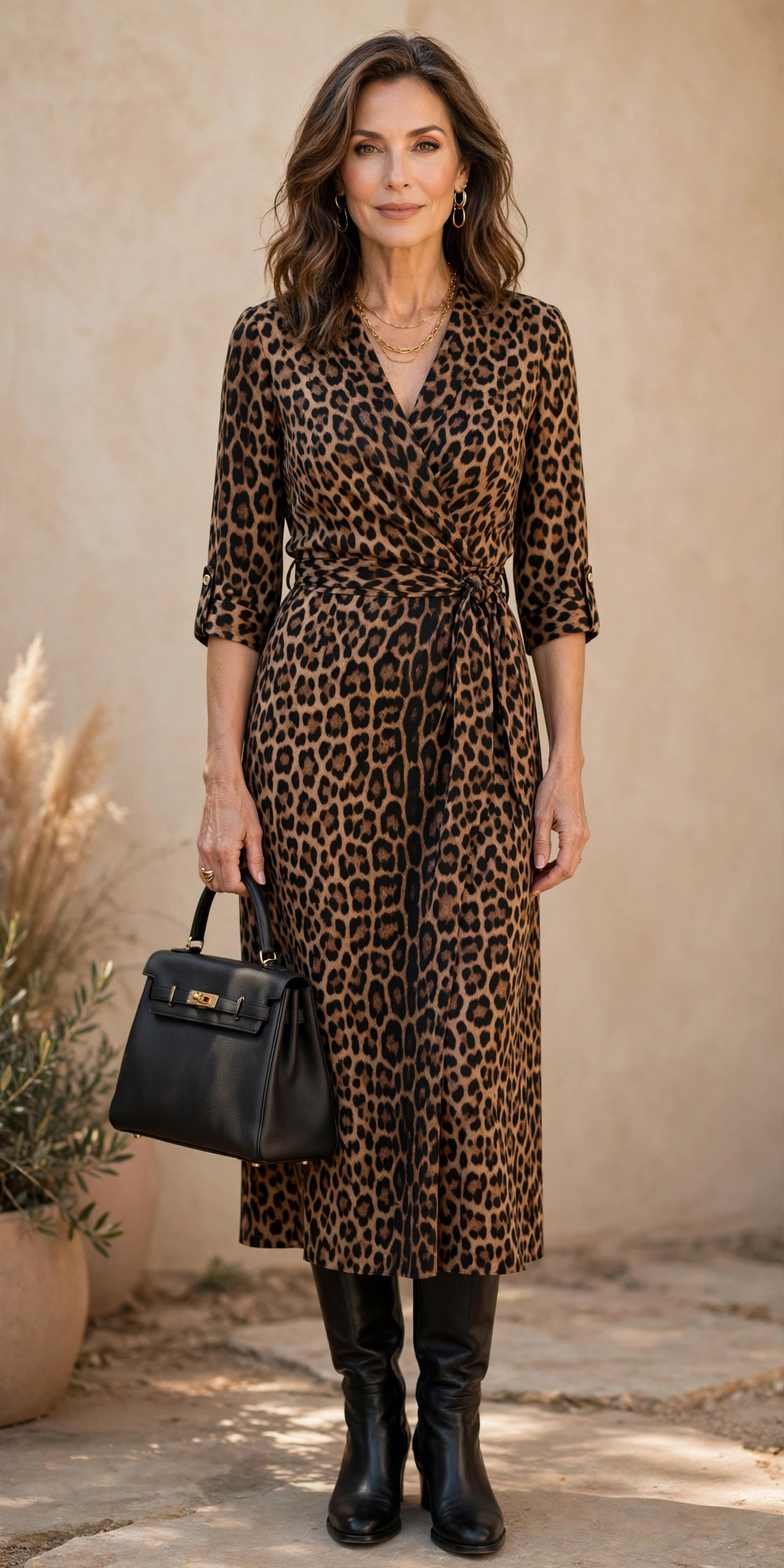 Woman in leopard print midi dress, mob wife outfit